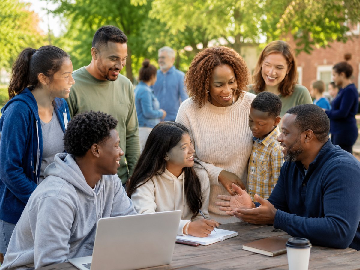 A diverse group of families and community members gathered together outdoors, representing PWCDC's mentoring and community partnerships (placeholder image)